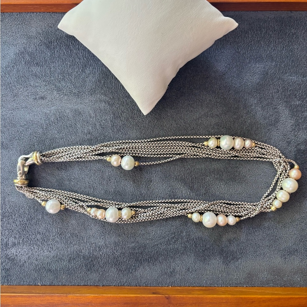 David Yurman 925 & 18k Gold Multi-Strand Pearl Station Necklace 15.5" - Picture 4 of 10